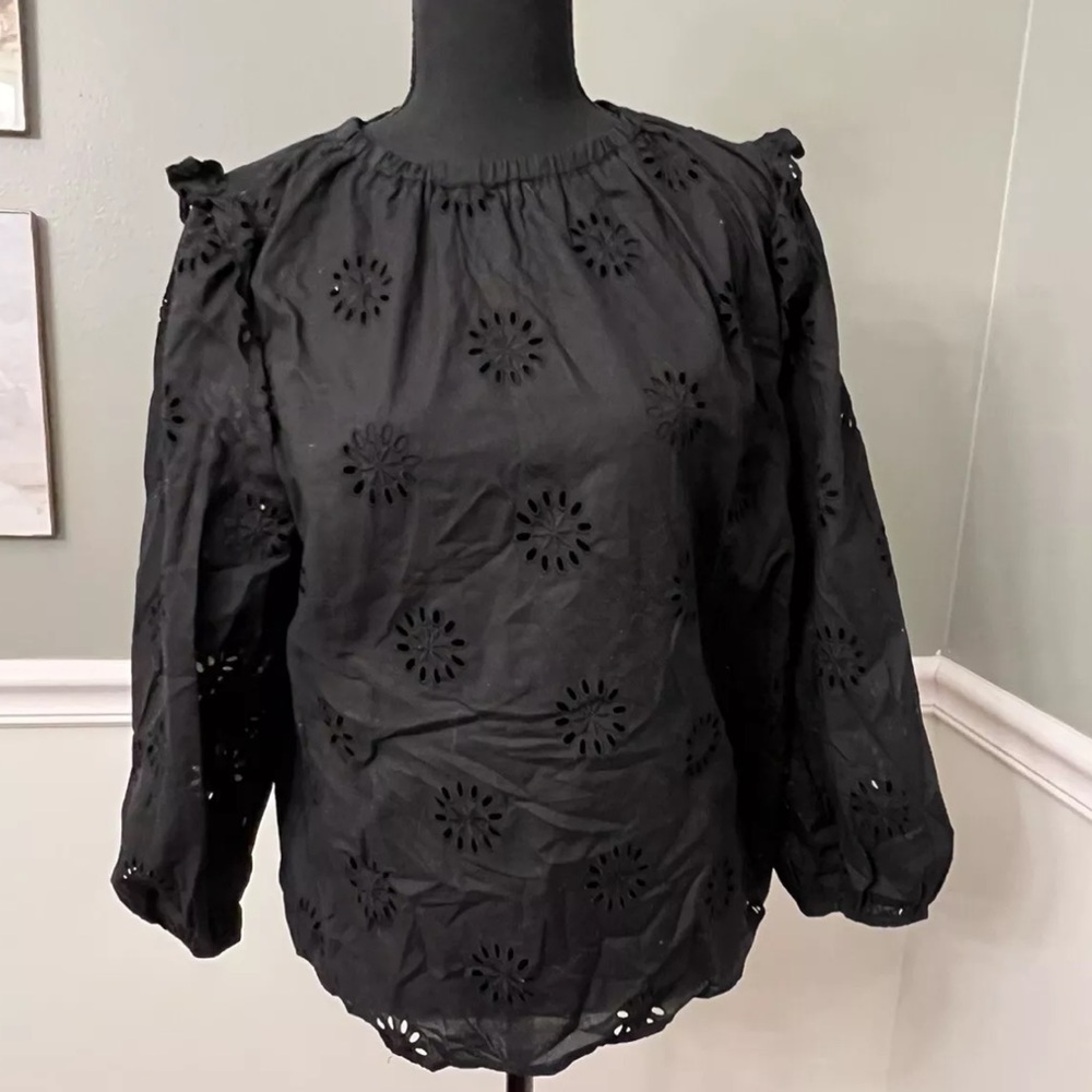 Ana Black Floral Quarter Sleeve Shirt Size XL With Ruffles